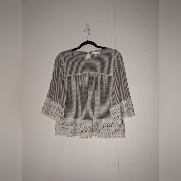 JohnPaulRichard Vintage Brown and White Striped Blouse with Lace - Picture 1 of 8